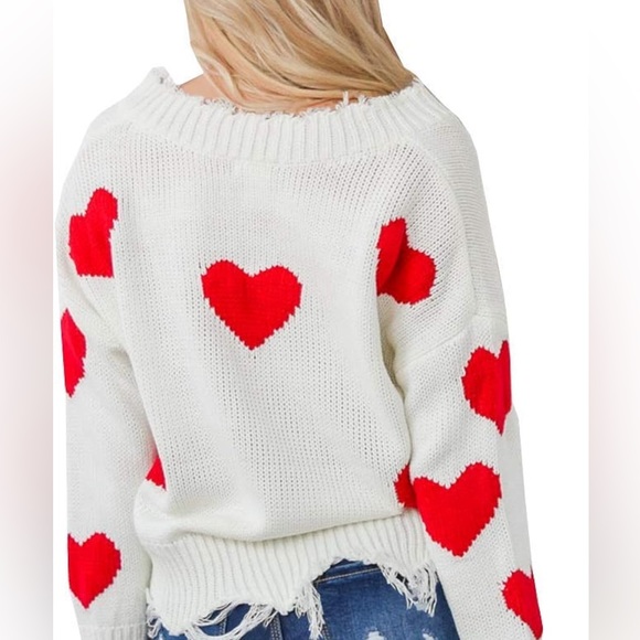 Women's Heart Pattern Ripped Sweater V Neck Distressed Knit Pullover Sweater - Picture 2 of 8